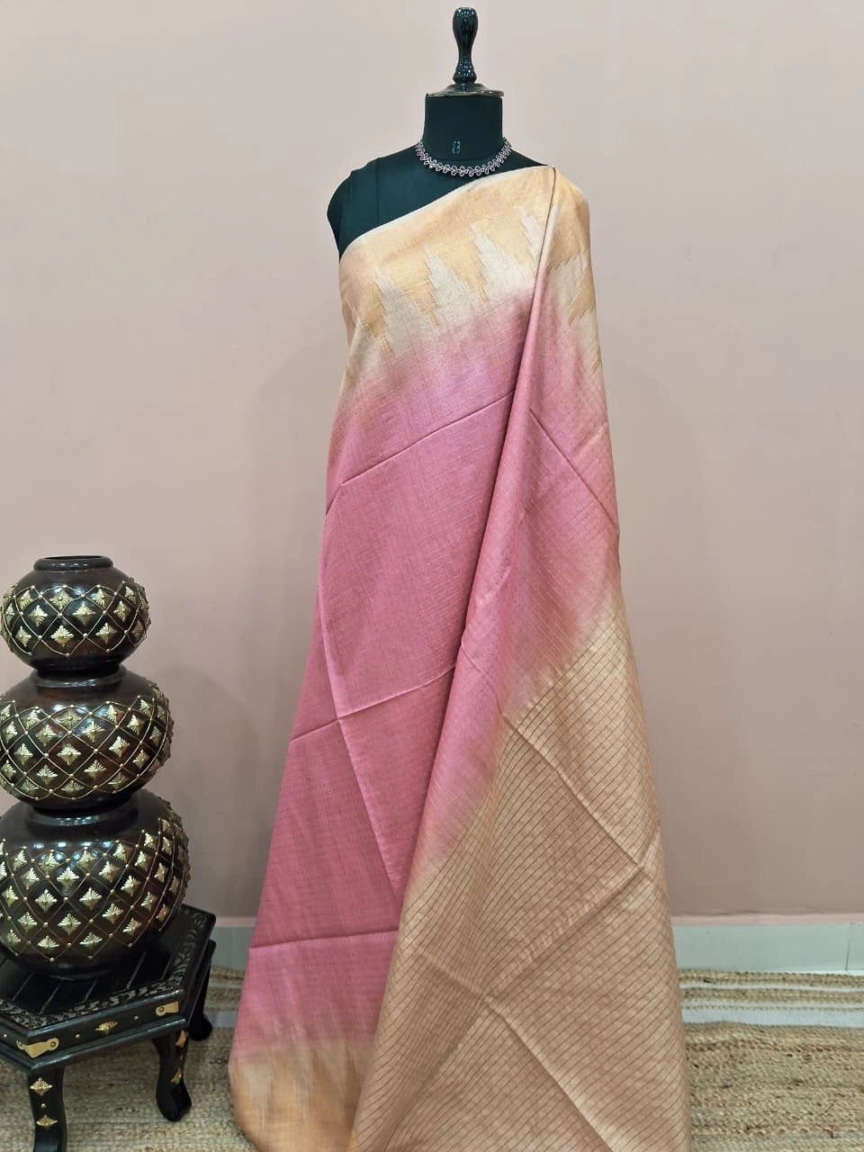 Baby pink bamboo silk saree 