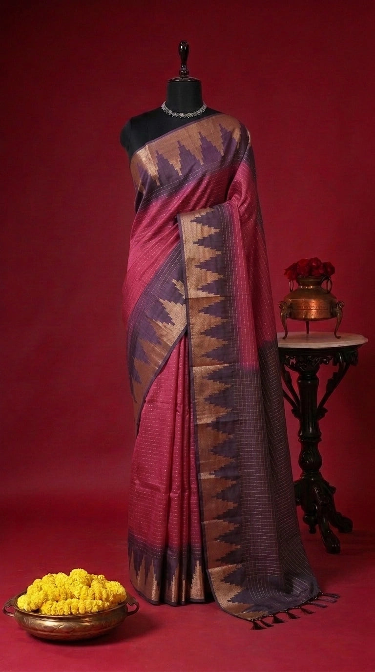 Dark pink bamboo silk saree