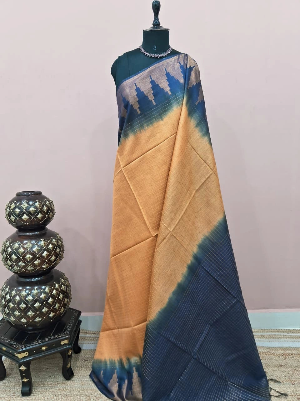 Mustard yellow bamboo silk saree