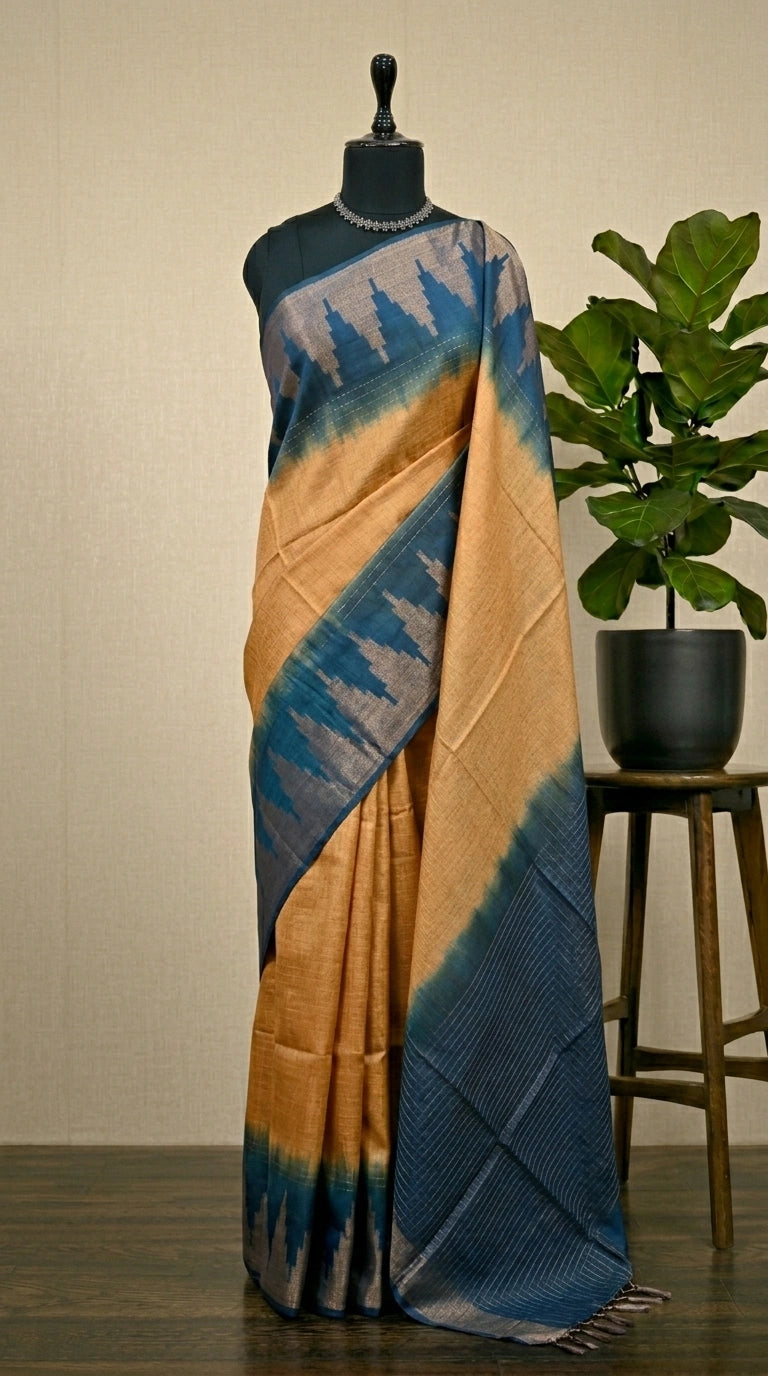 Mustard yellow bamboo silk saree