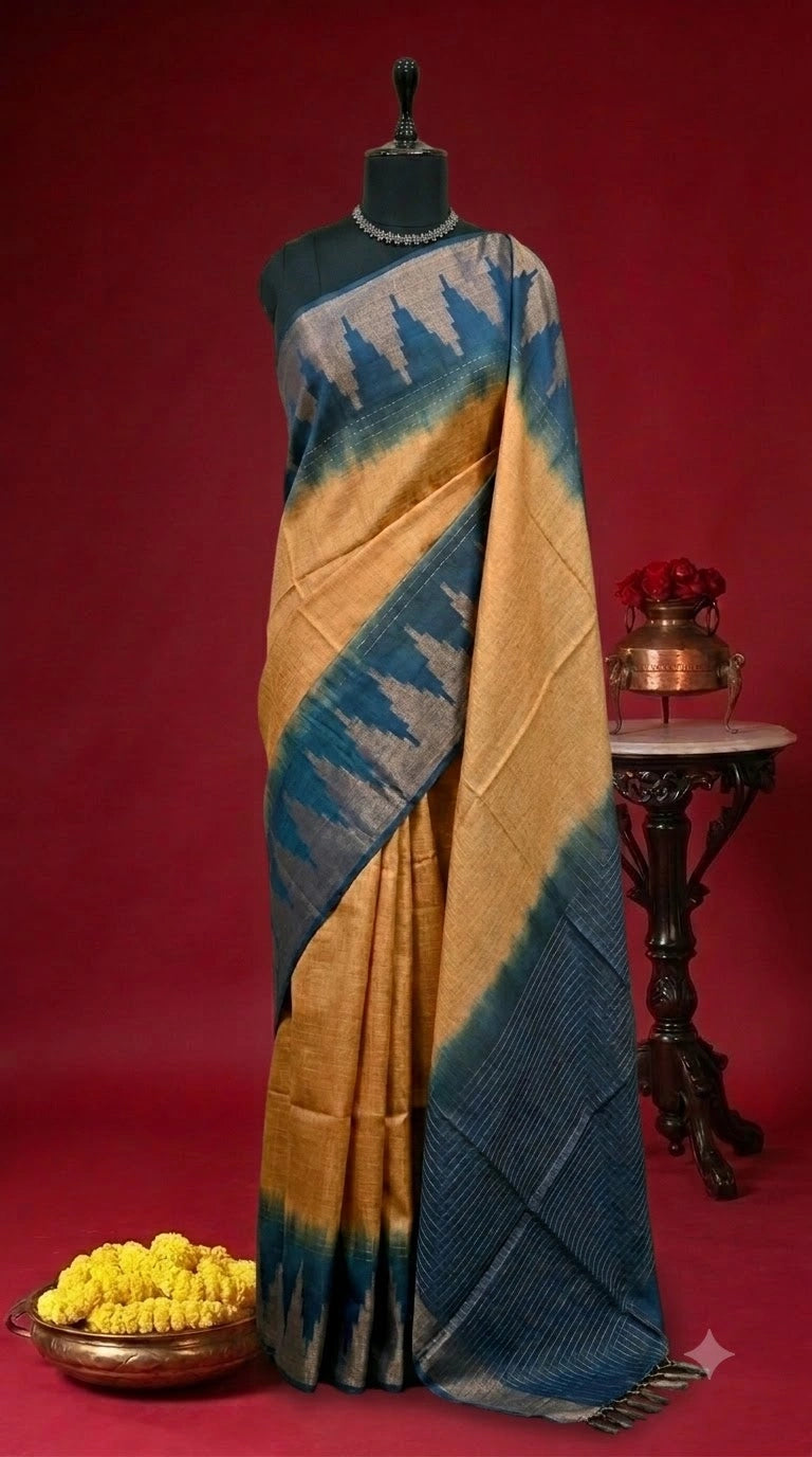 Mustard yellow bamboo silk saree