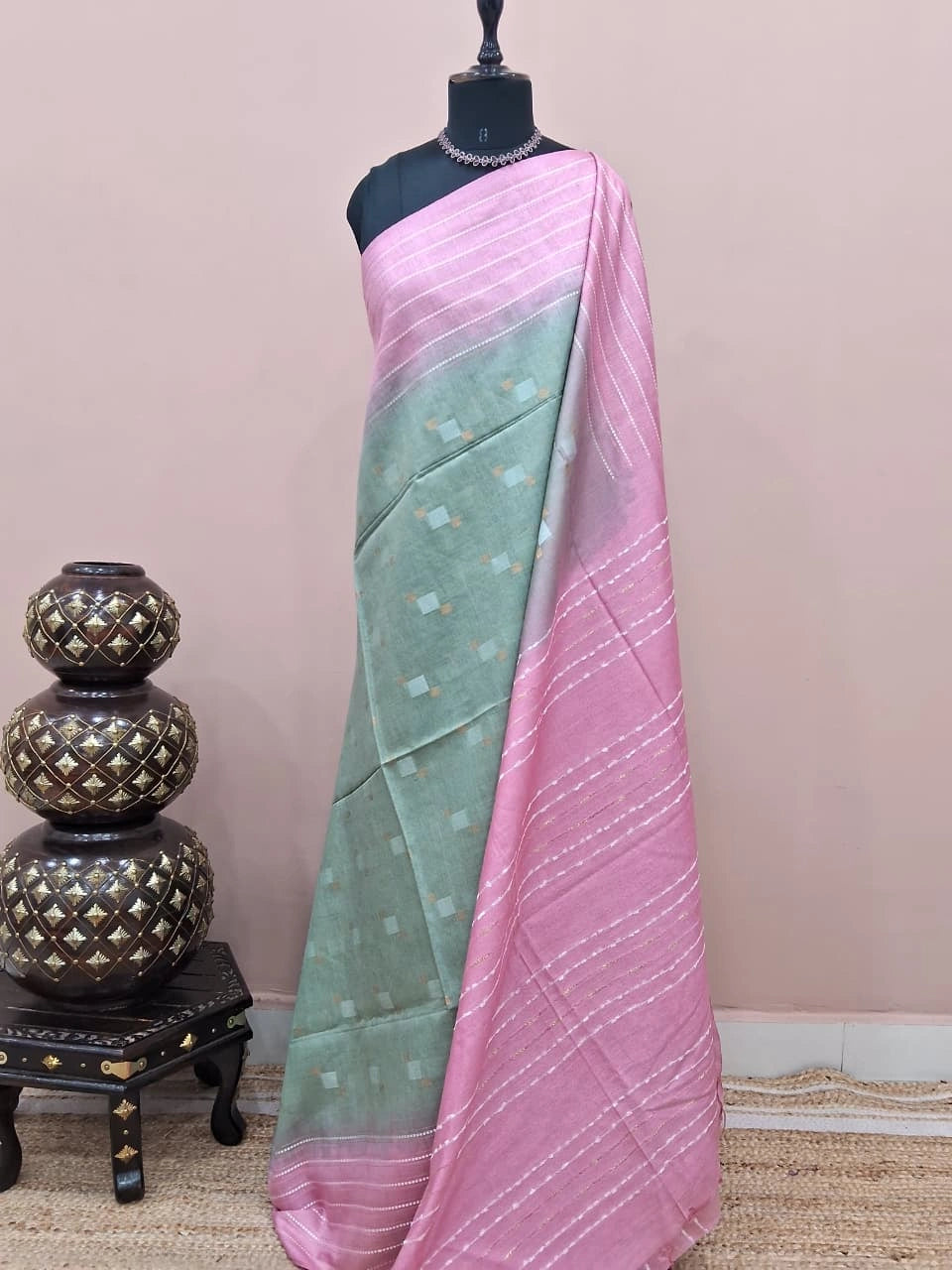 Pista green Bamboo Silk Saree 