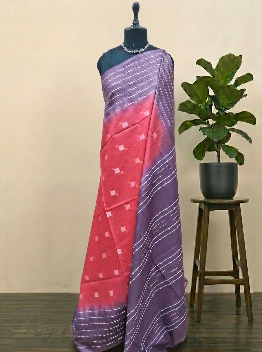 Reddish Pink Bamboo Silk Saree 