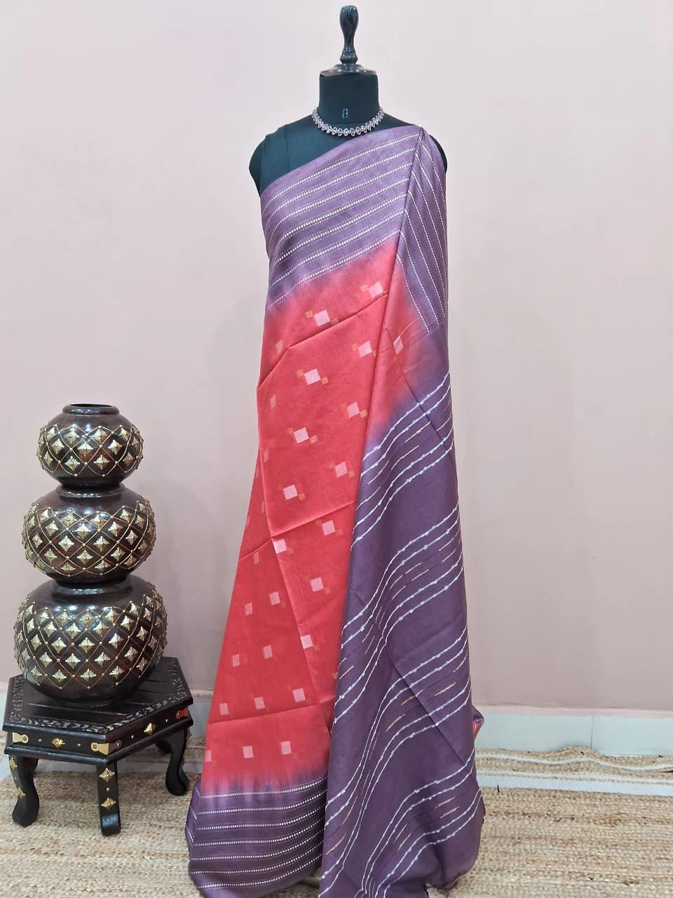 Reddish Pink Bamboo Silk Saree 