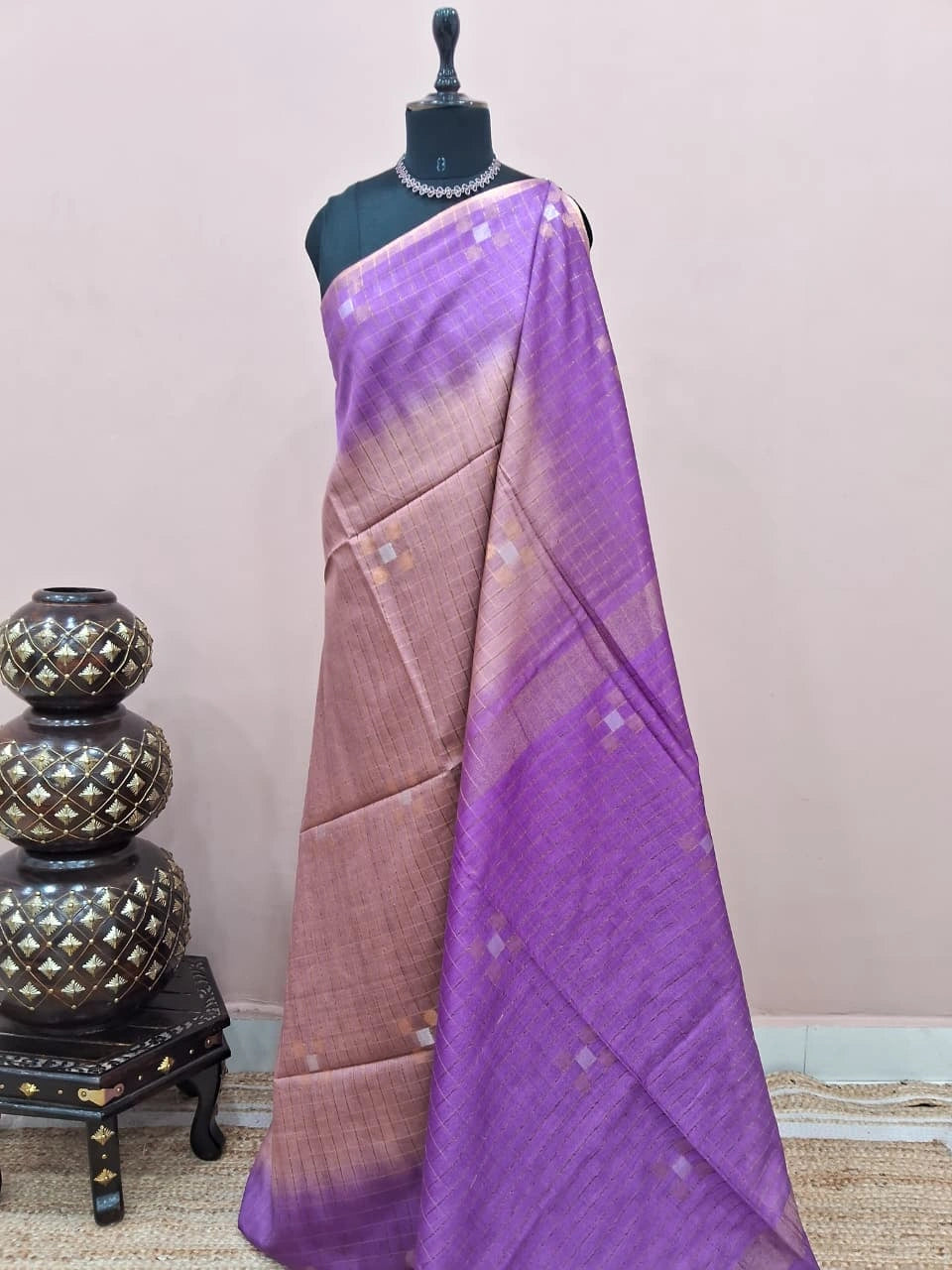 Light Brown Zari-Checked Bamboo Silk Saree 