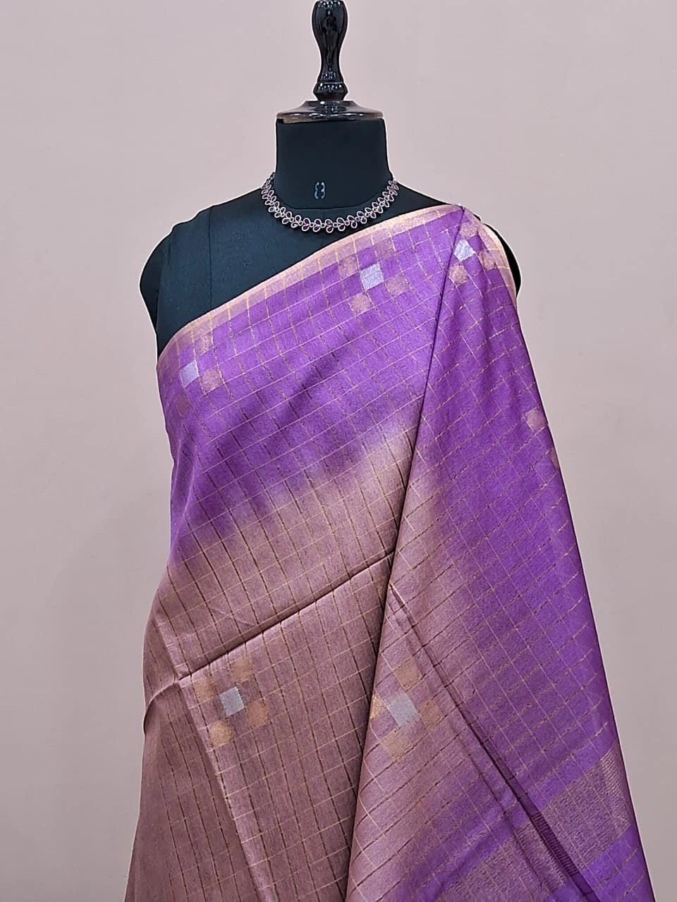 Light Brown Zari-Checked Bamboo Silk Saree 1