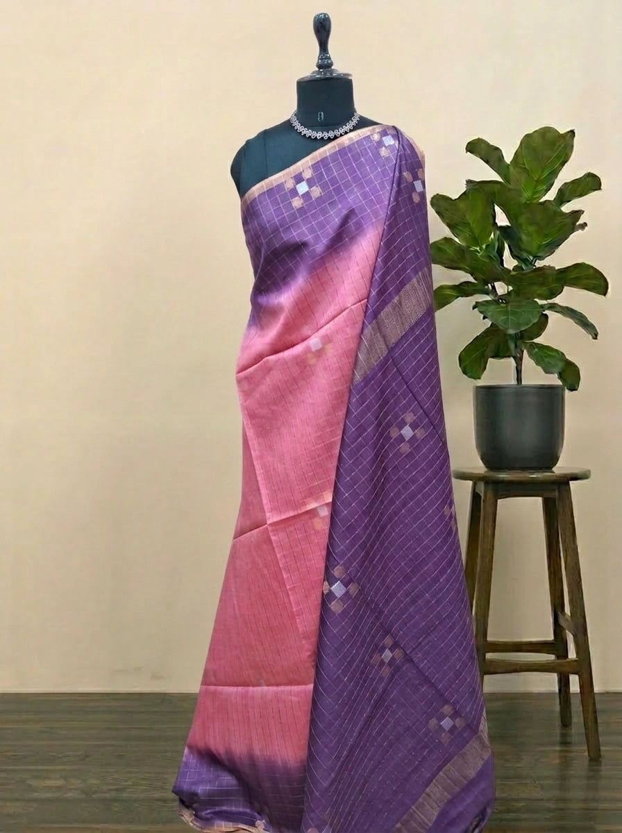 Rose Pink Zari-Checked Bamboo Silk Saree 