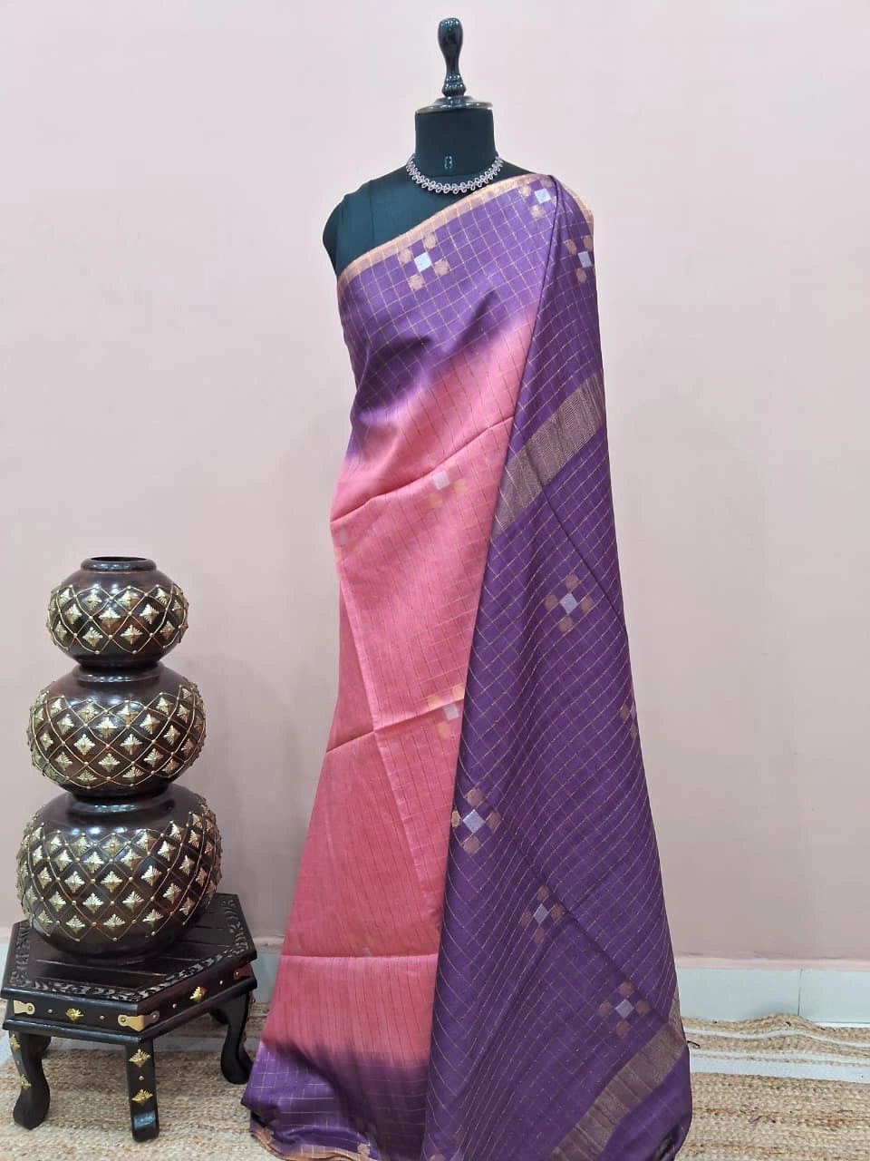 Rose Pink Zari-Checked Bamboo Silk Saree 