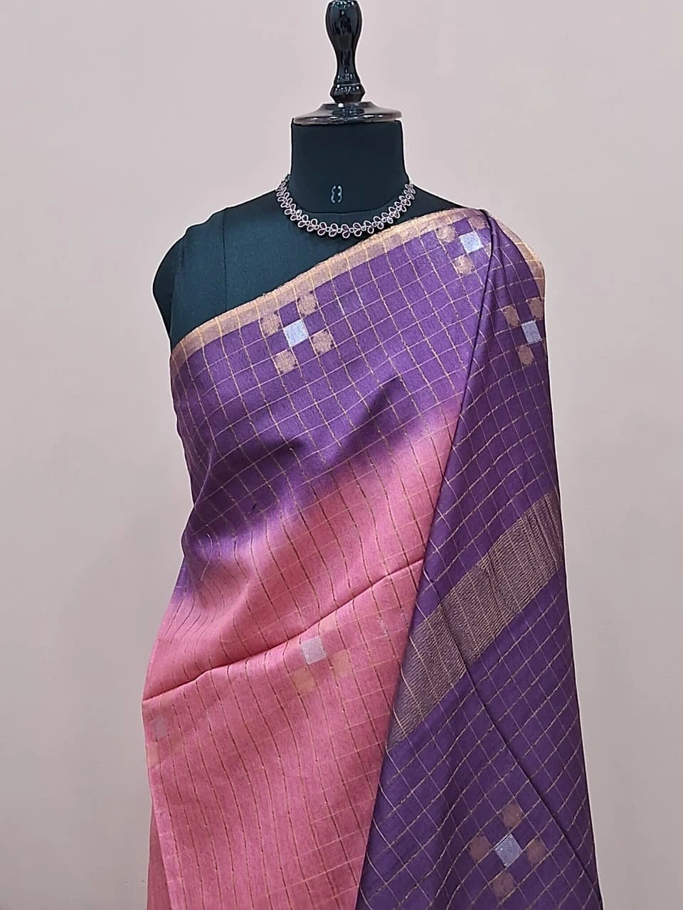 Rose Pink Zari-Checked Bamboo Silk Saree 1