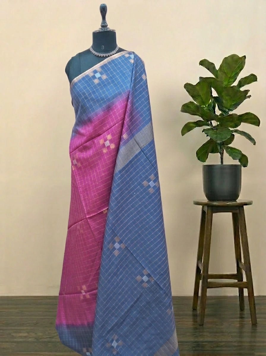 Dark Onion Pink Zari-Checked Bamboo Silk Saree 