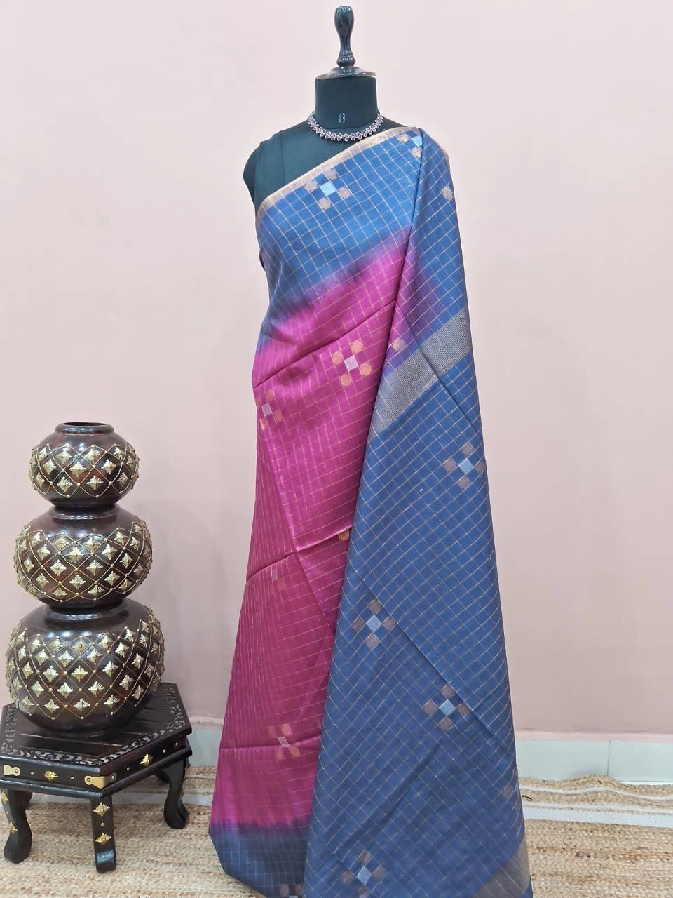 Dark Onion Pink Zari-Checked Bamboo Silk Saree 