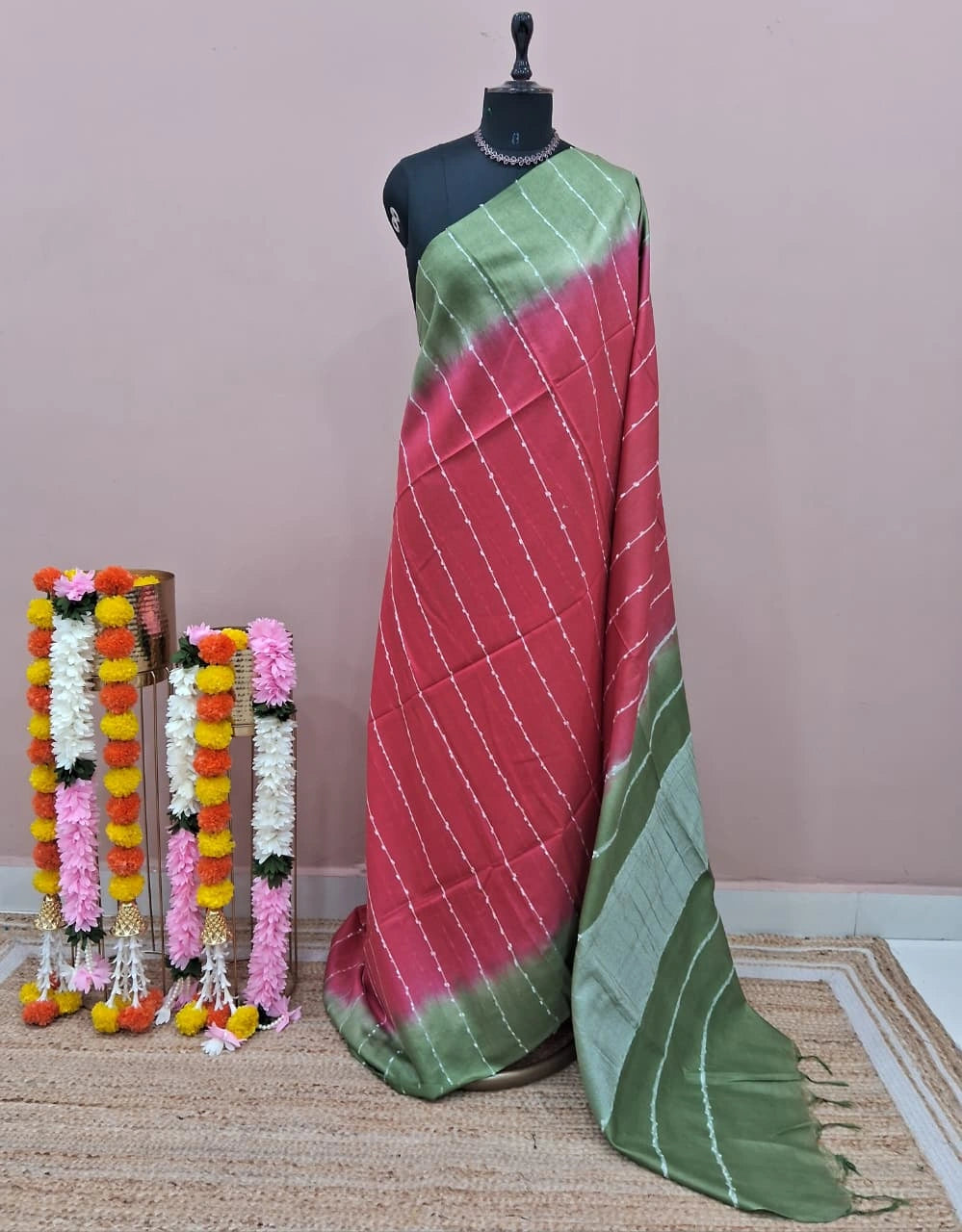 Reddish Pink Bamboo Silk Saree 