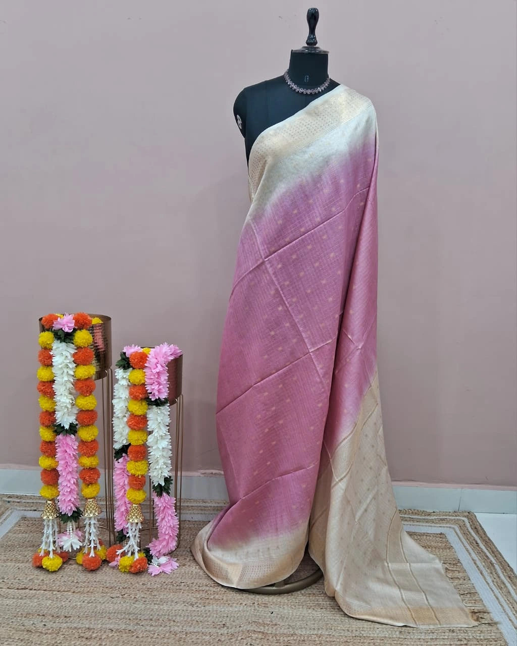 Baby Pink Pure Bamboo Silk Saree 