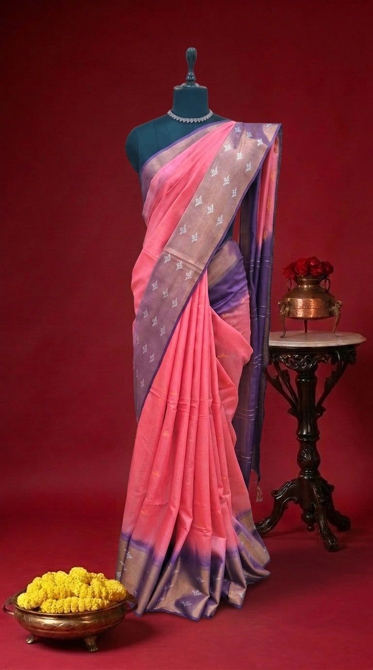 Reddish Pink Bamboo Silk Saree 