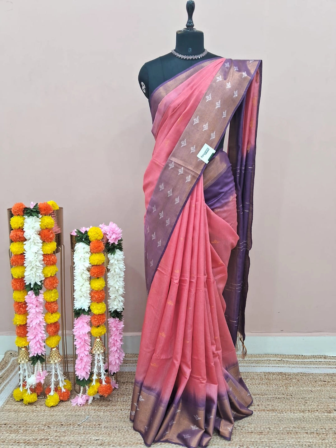 Reddish Pink Bamboo Silk Saree