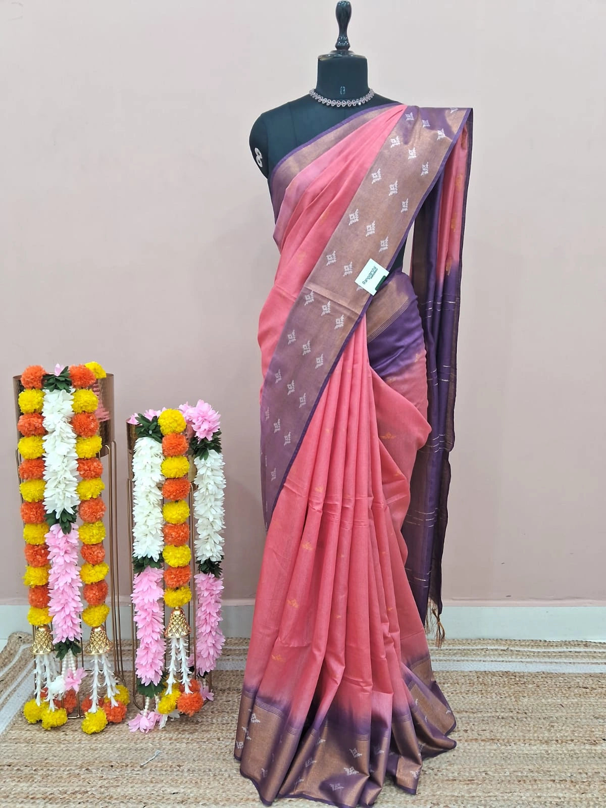 Reddish Pink Bamboo Silk Saree
