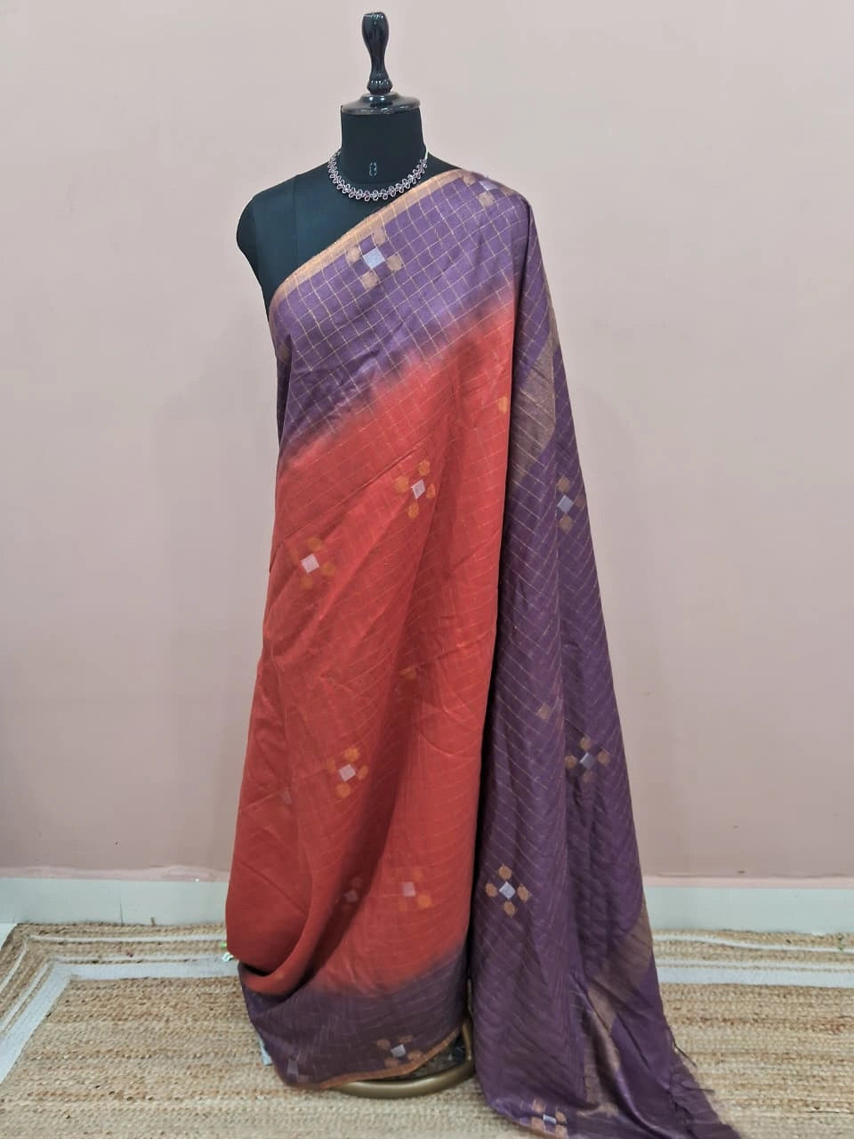 Dark Peach Zari Checked Bamboo Silk Saree