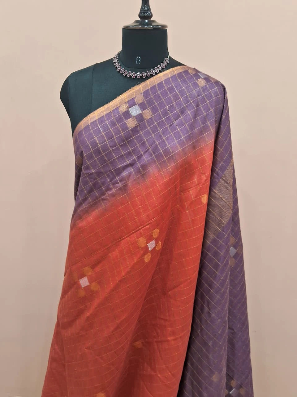 Dark Peach Zari Checked Bamboo Silk Saree 1