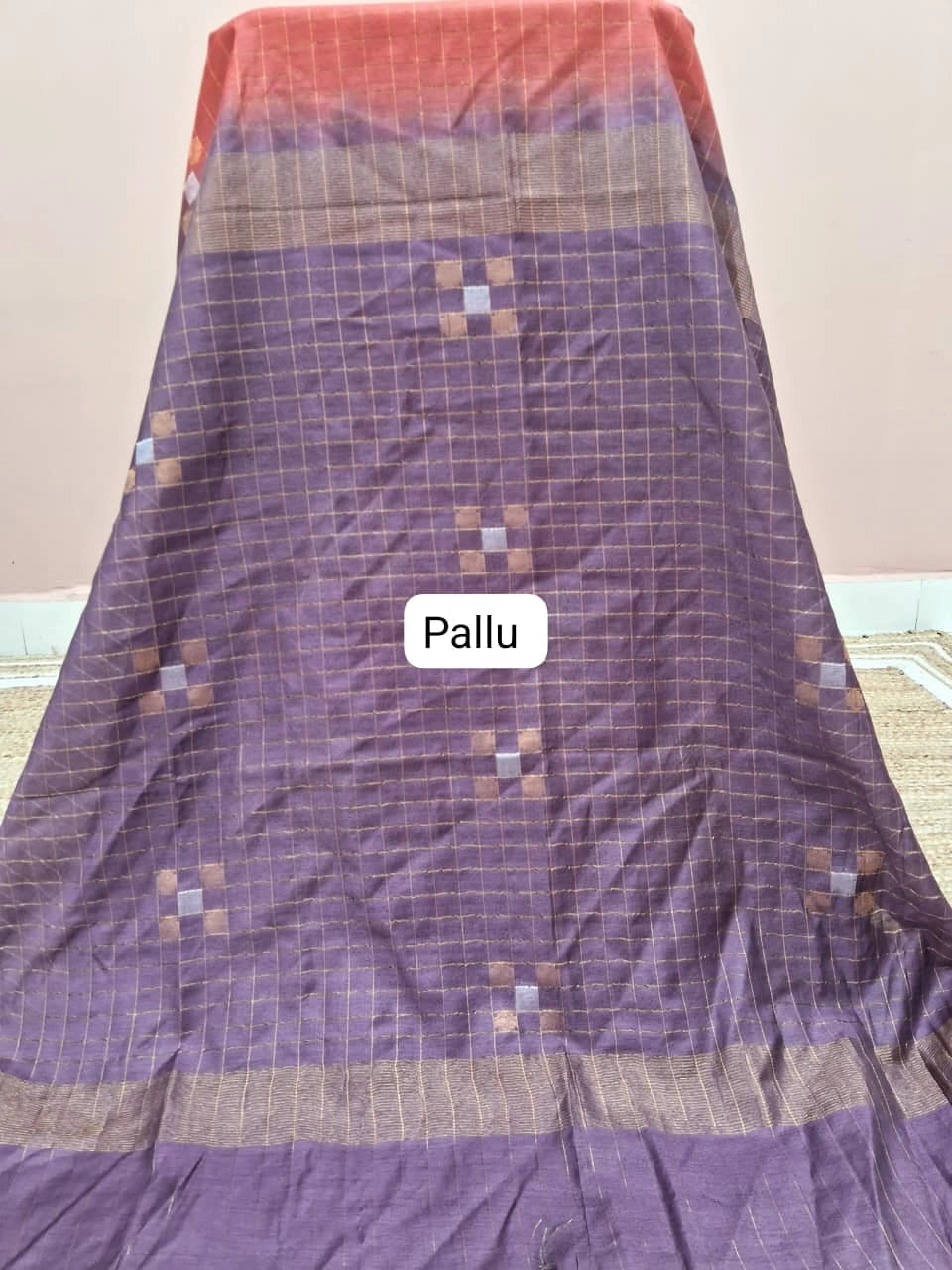 Dark Peach Zari Checked Bamboo Silk Saree Pallu