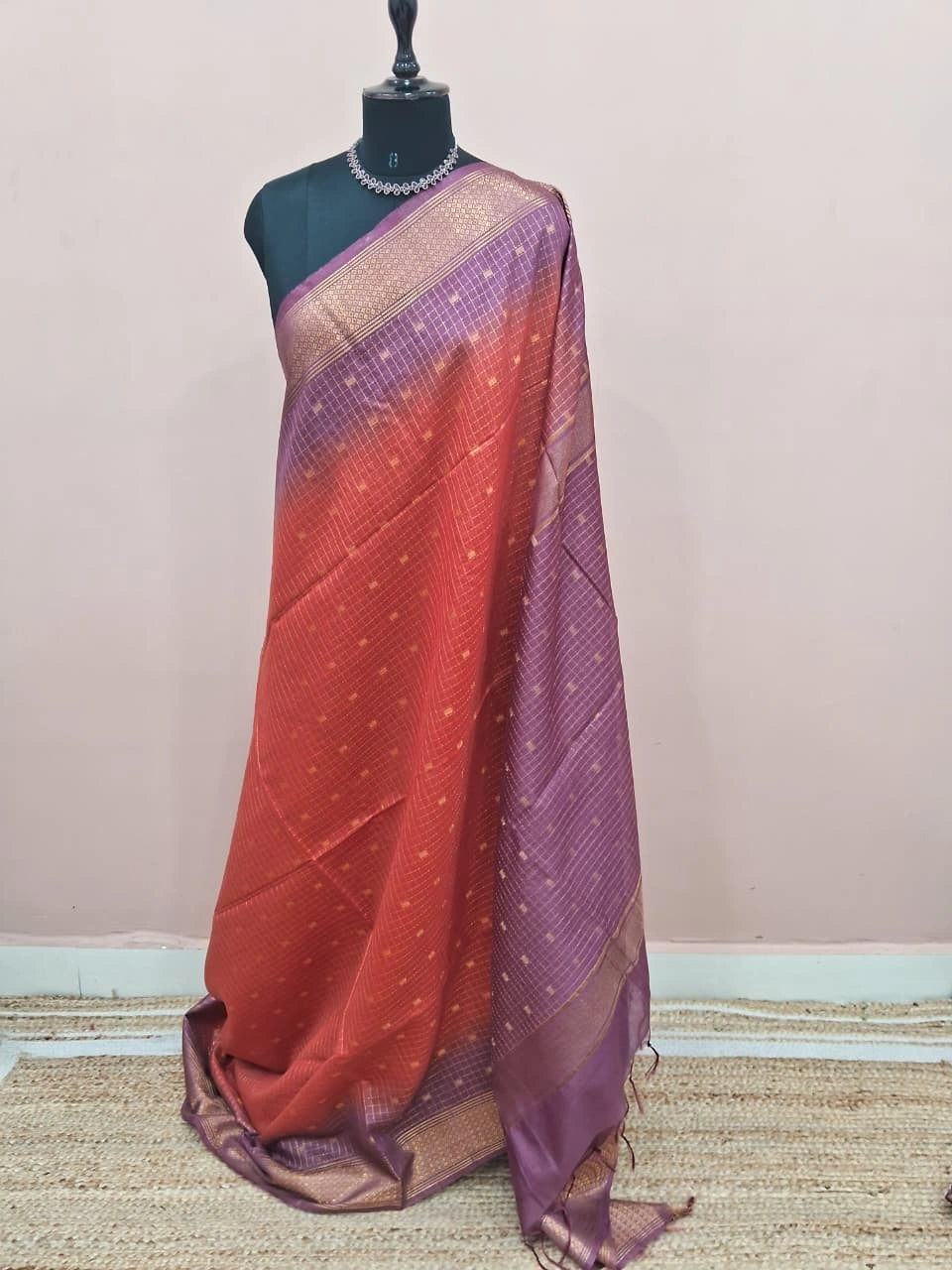 Orange Zari Checked Bamboo Silk Saree