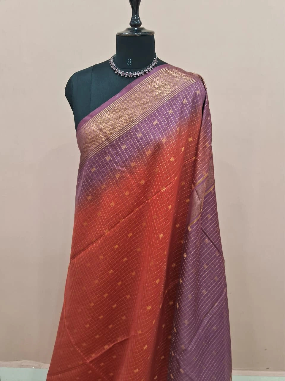 Orange Zari Checked Bamboo Silk Saree 1