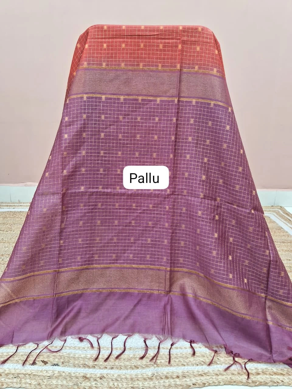 Orange Zari Checked Bamboo Silk Saree pallu
