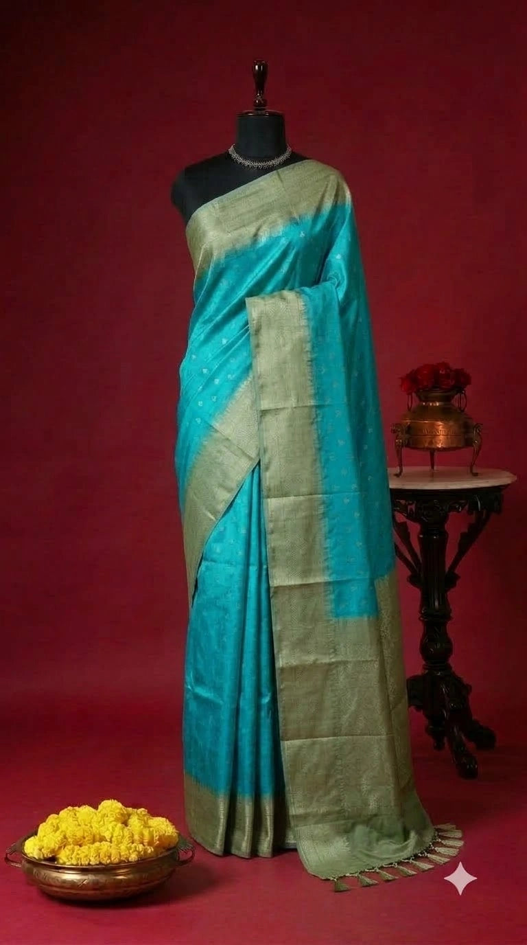 Aqua Blue Bamboo Silk Saree