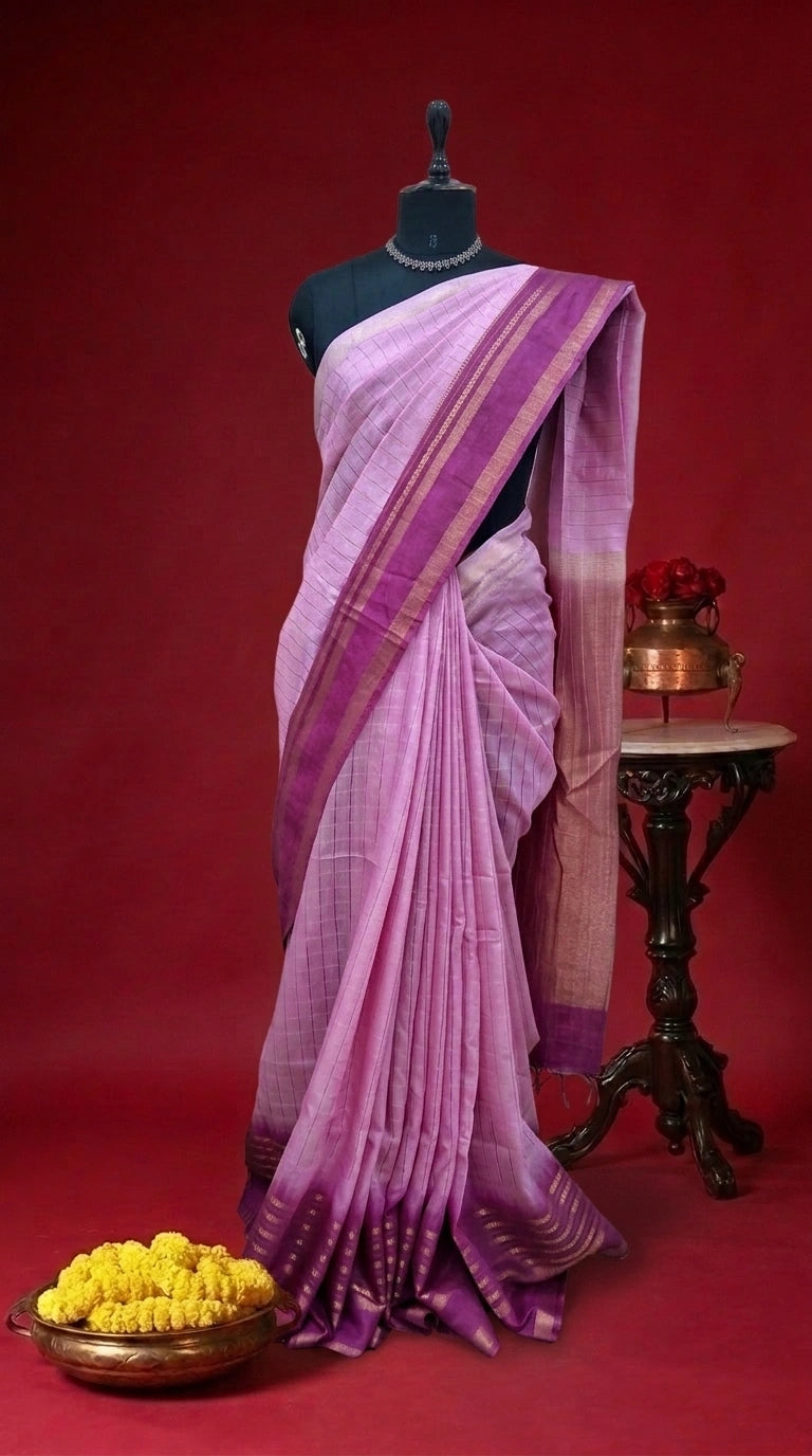 Blush Pink Zari Checked Bamboo Silk Saree