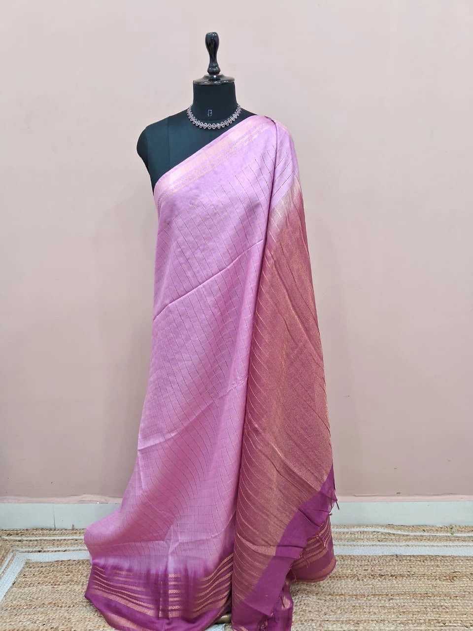 Blush Pink Zari Checked Bamboo Silk Saree 