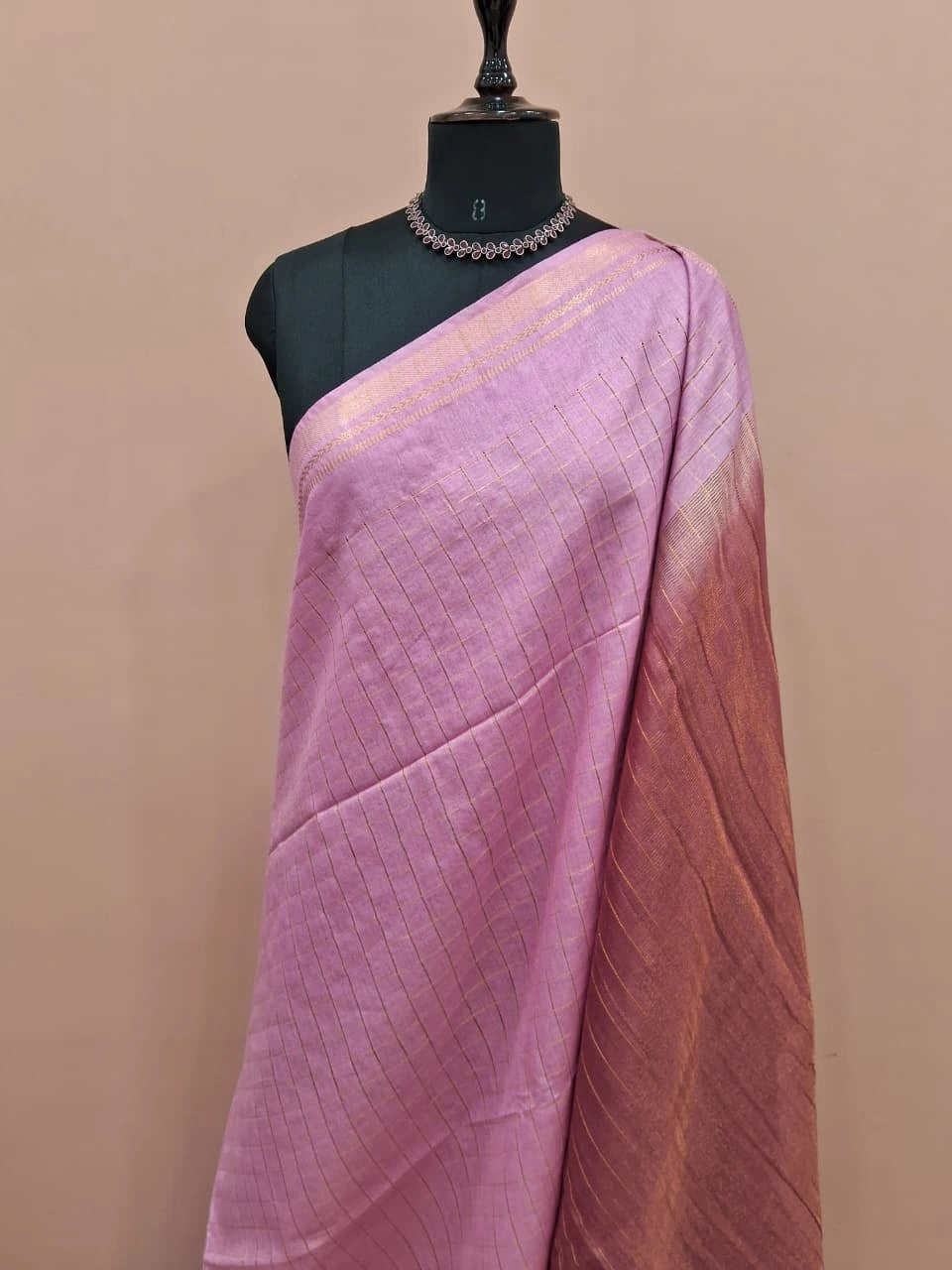 Blush Pink Zari Checked Bamboo Silk Saree 1