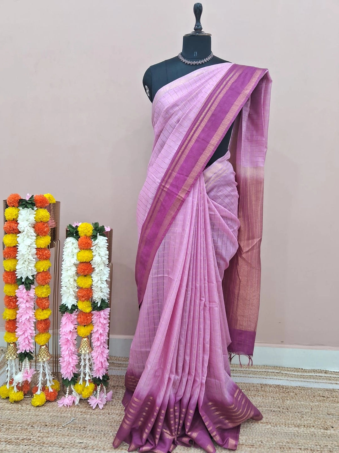 Blush Pink Zari Checked Bamboo Silk Saree