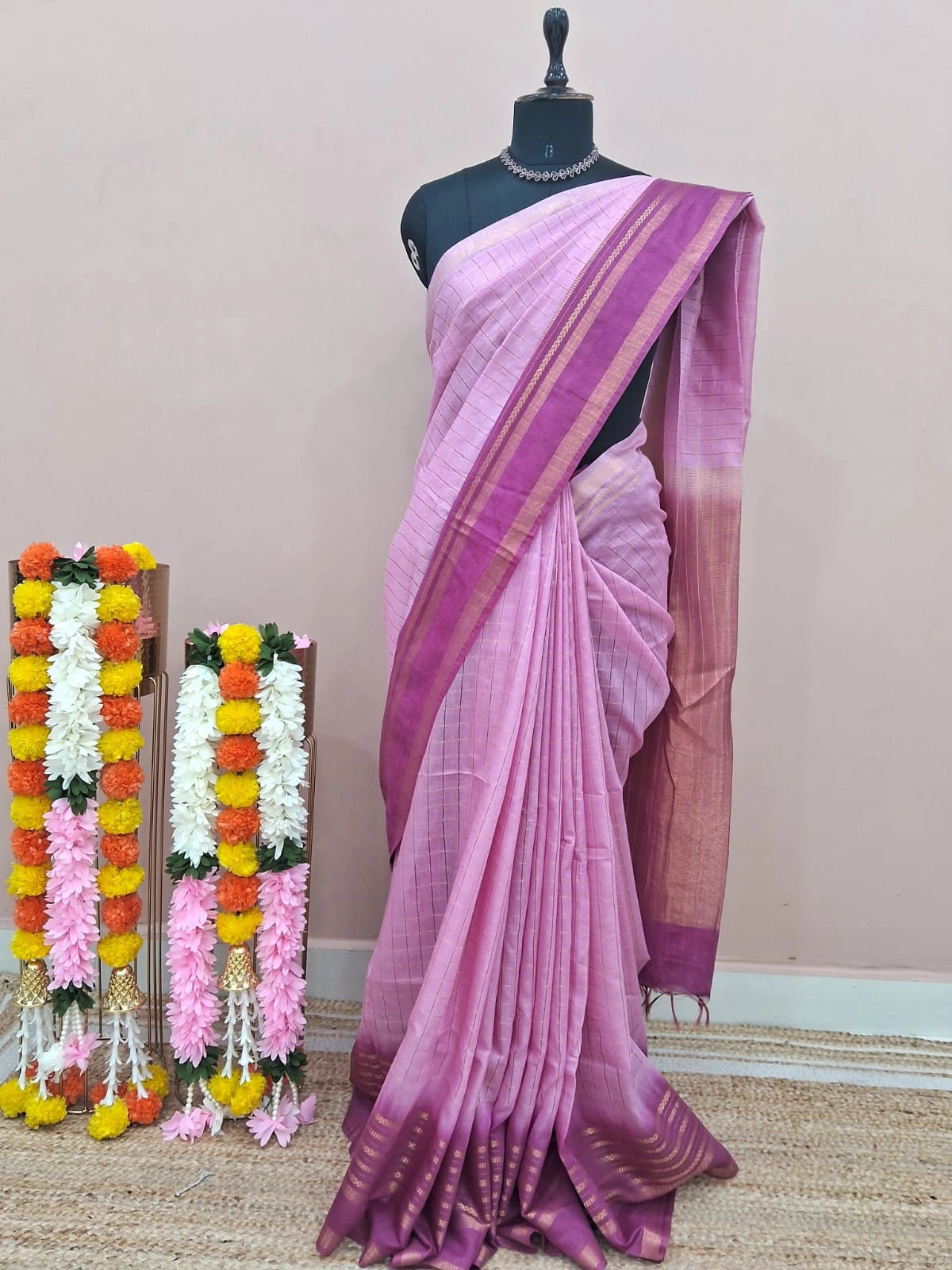 Blush Pink Zari Checked Bamboo Silk Saree