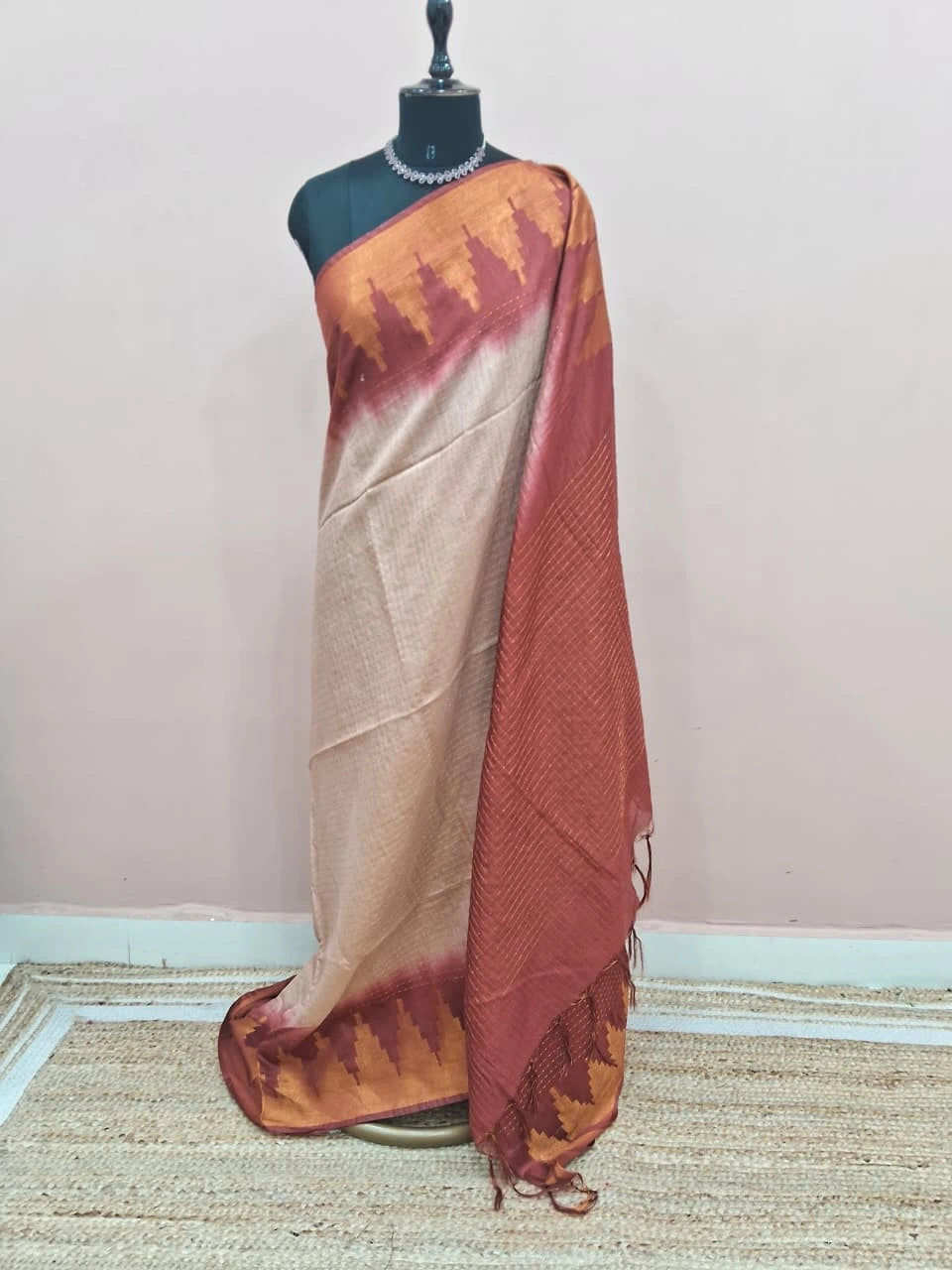 Beige Zari Checked Bamboo Silk Saree 