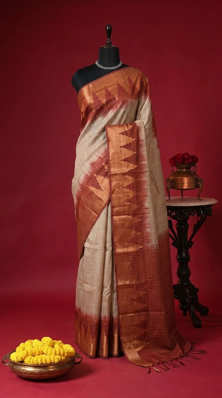 Beige Zari Checked Bamboo Silk Saree 