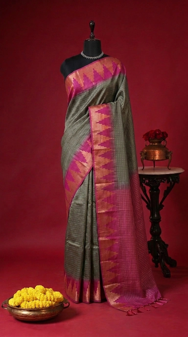 Dark Olive Green Bamboo Silk Saree 