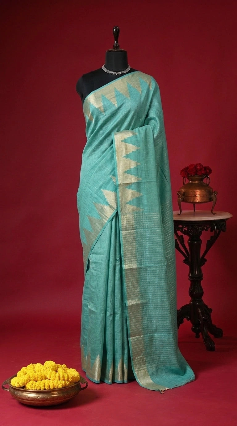 Marine Blue Bamboo Silk Saree 