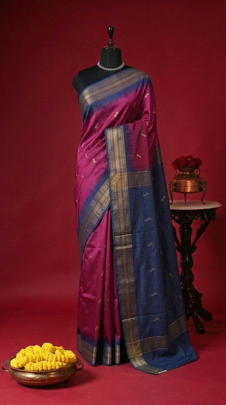 Pure Dark Onion Pink Bamboo Silk Saree 