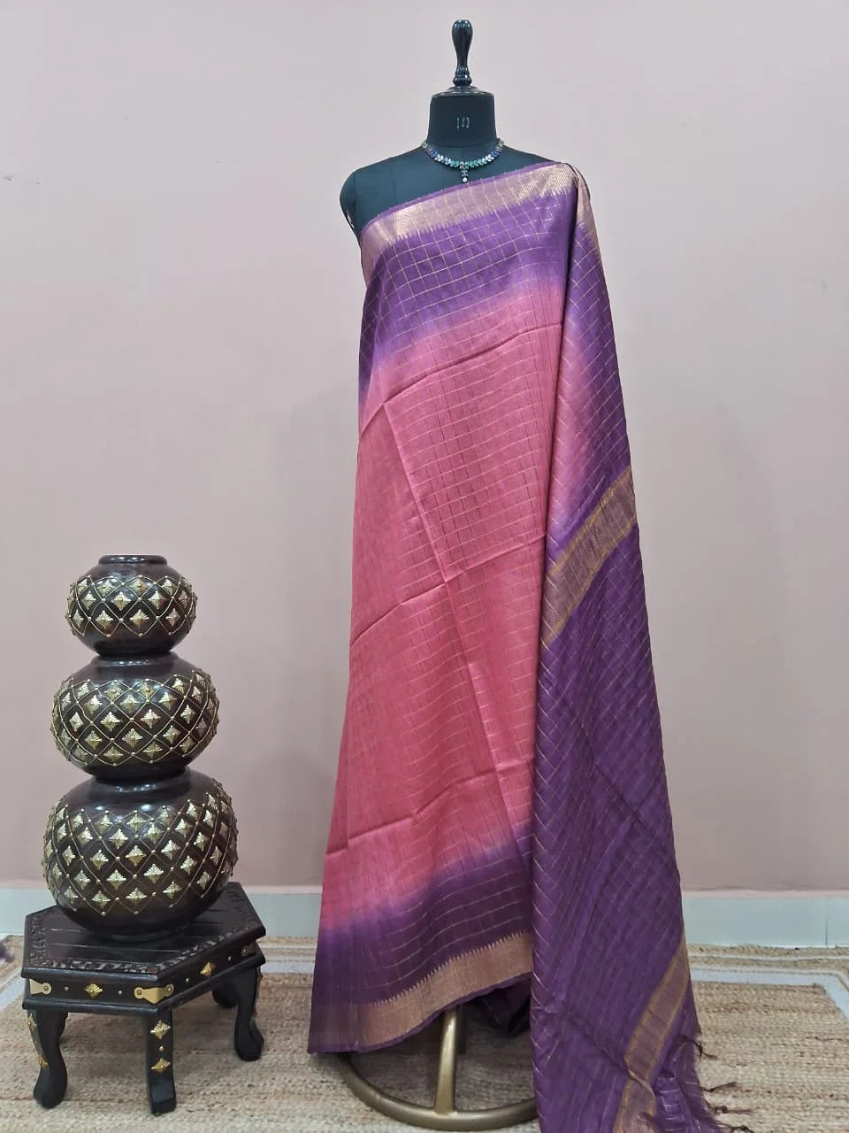 Dark Peach Checked Bamboo Silk Saree 