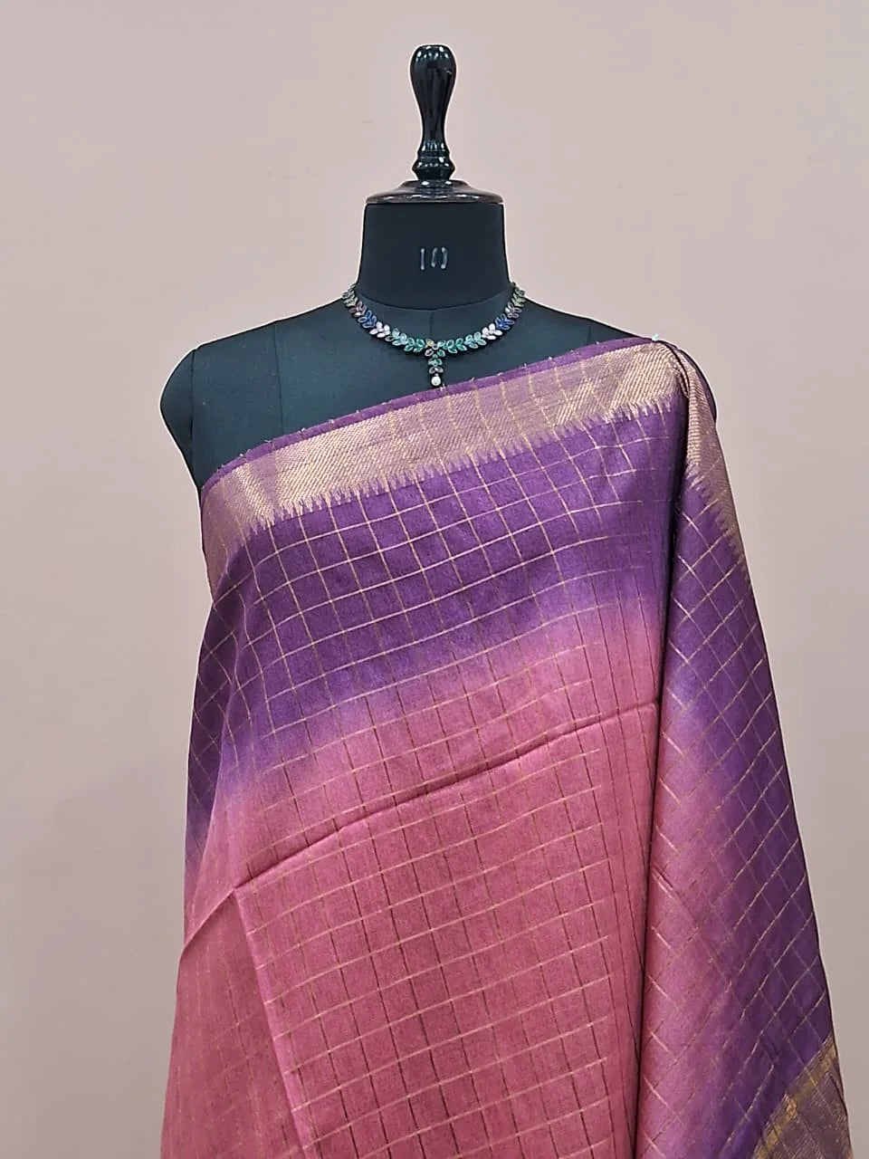 Dark Peach Checked Bamboo Silk Saree 1