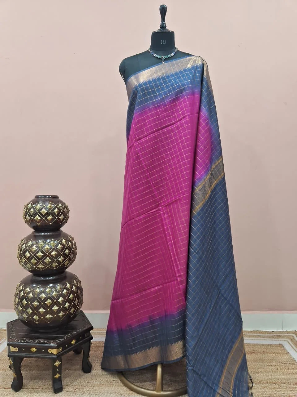 Dark Pink Checked Bamboo Silk Saree 