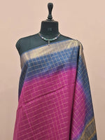 Dark Pink Checked Bamboo Silk Saree 1