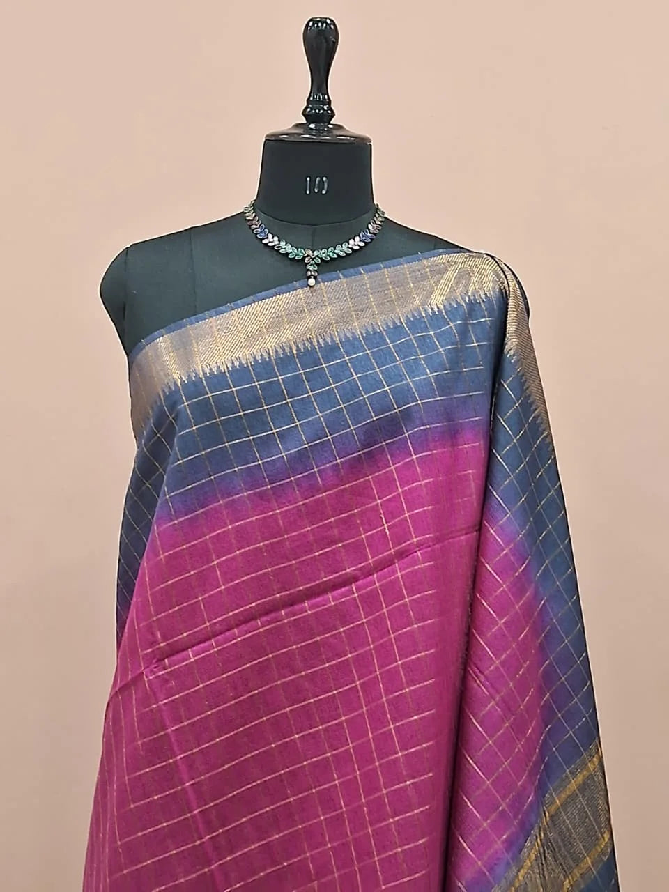 Dark Pink Checked Bamboo Silk Saree 1