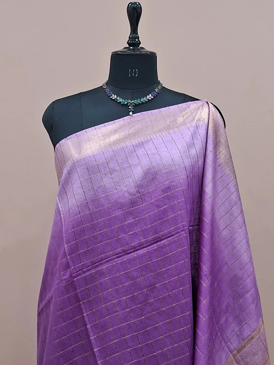Dark Lavender Checked Bamboo Silk Saree 1