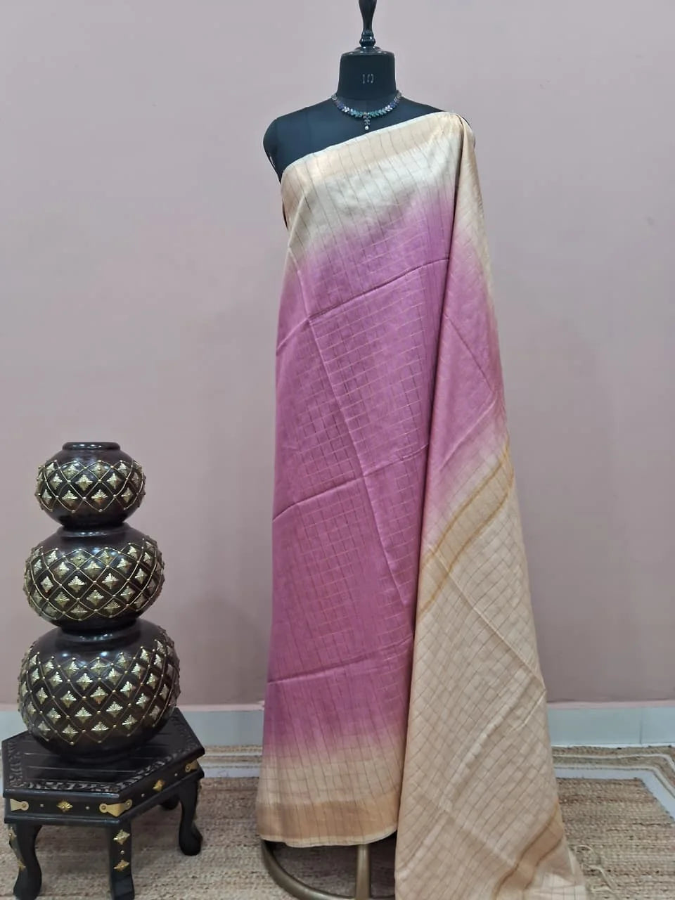 Light Pink Checked Bamboo Silk Saree 