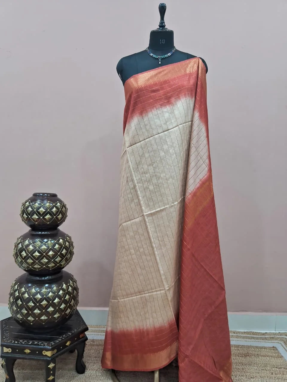 Beige Checked Bamboo Silk Saree 