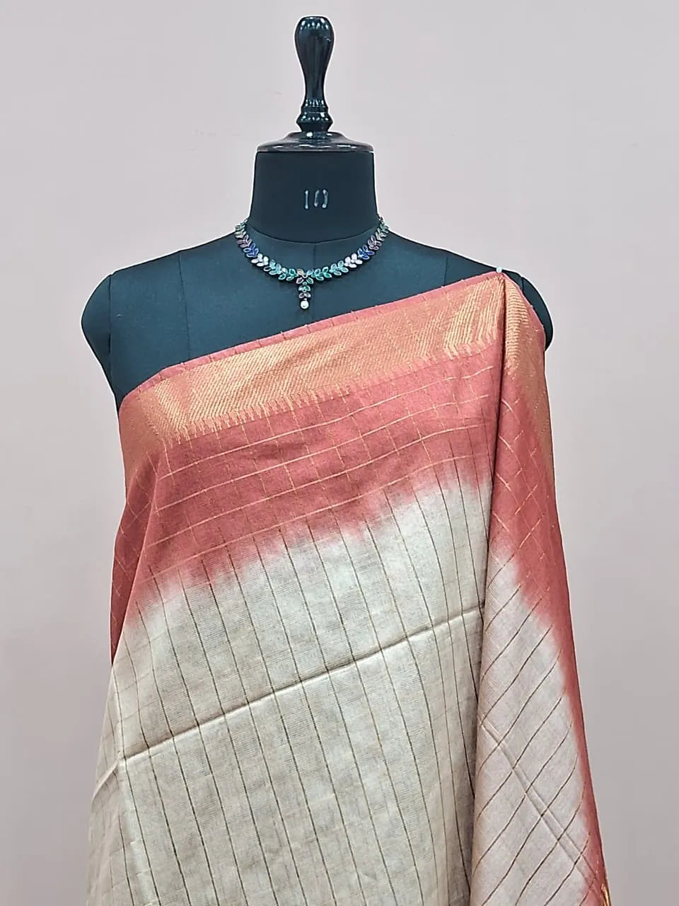 Beige Checked Bamboo Silk Saree 1