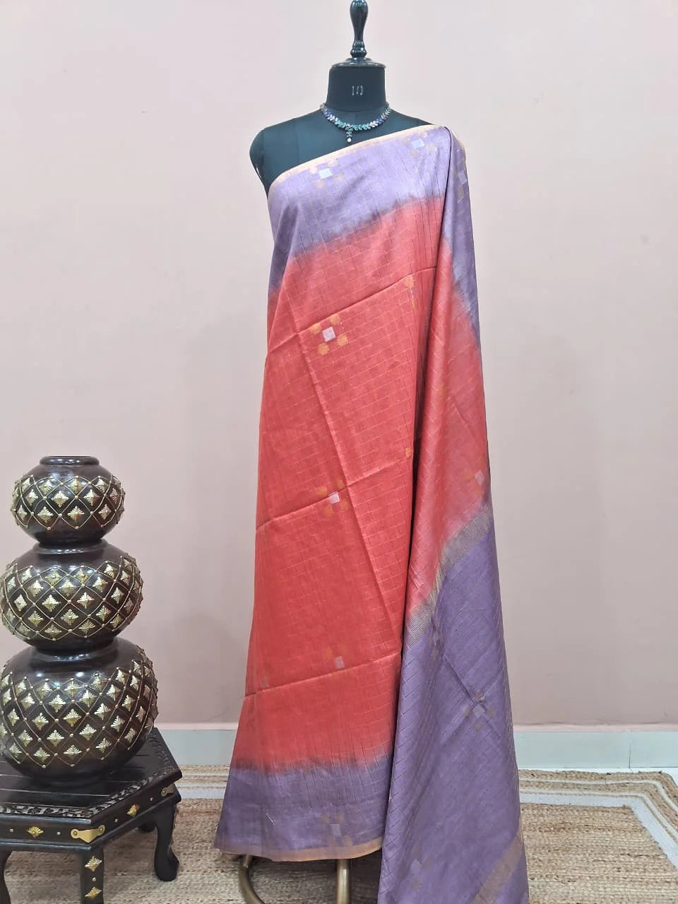 Dark Peach Checked Bamboo Silk Saree 