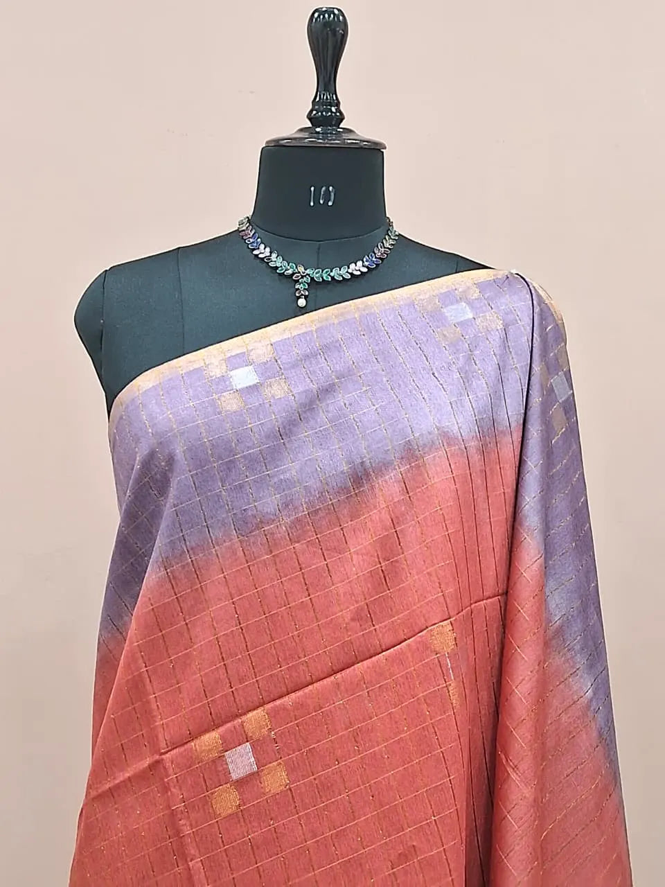 Dark Peach Checked Bamboo Silk Saree 1