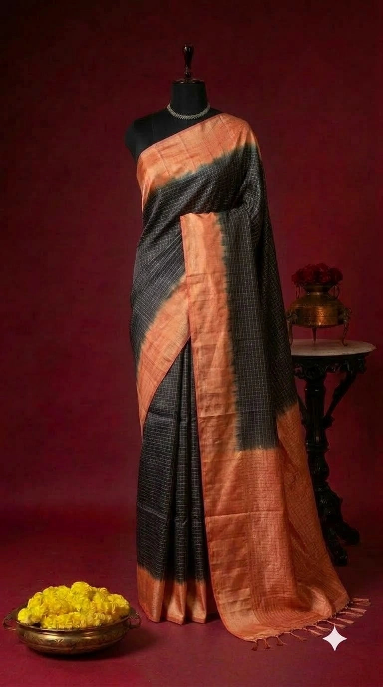 Dark Black Bamboo Silk Saree 