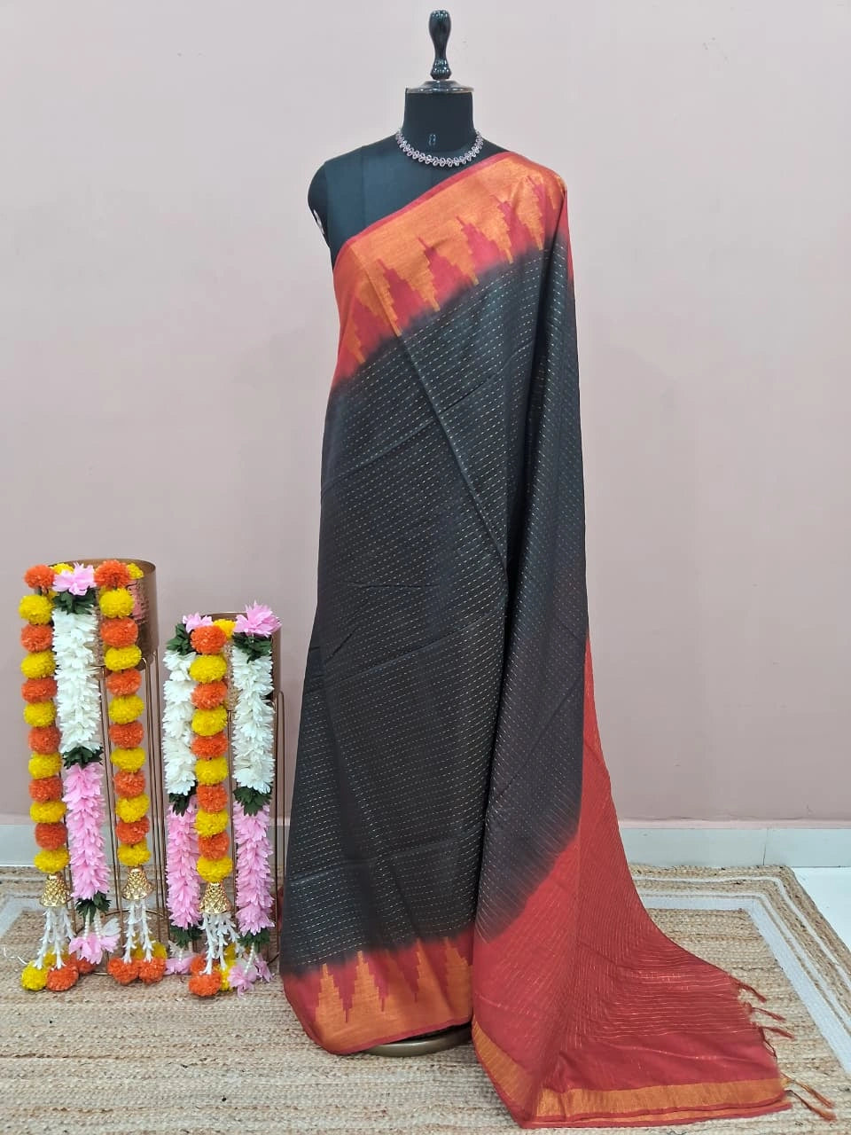Pure Black Bamboo Silk Saree